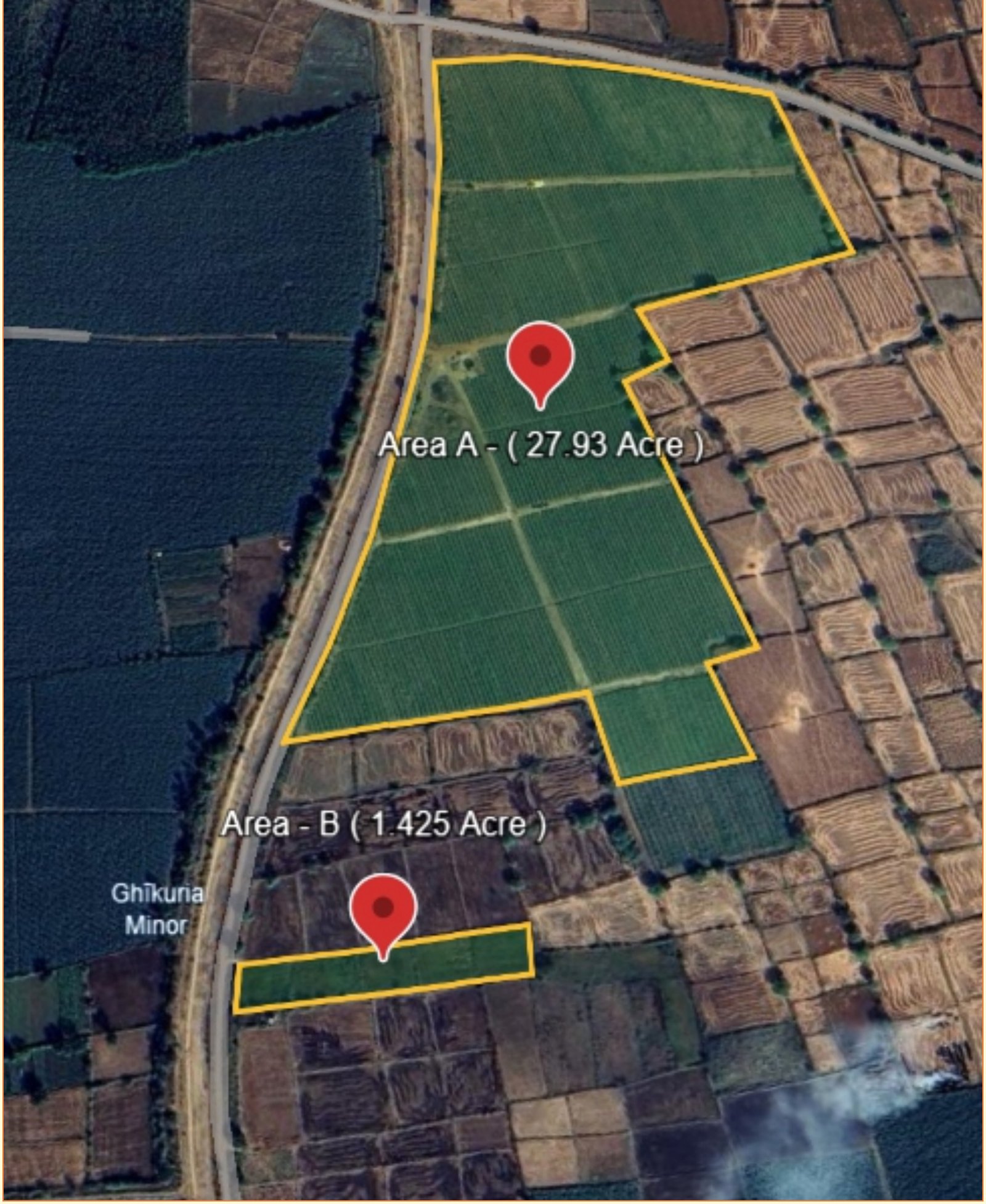 Satellite site plan showing the main 27.93-acre parcel and additional 1.425-acre parcel